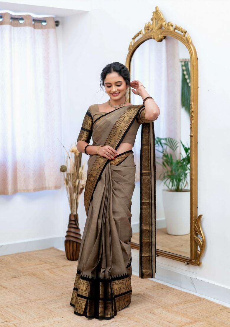 Cream Weaving Work Cotton Saree - Indya