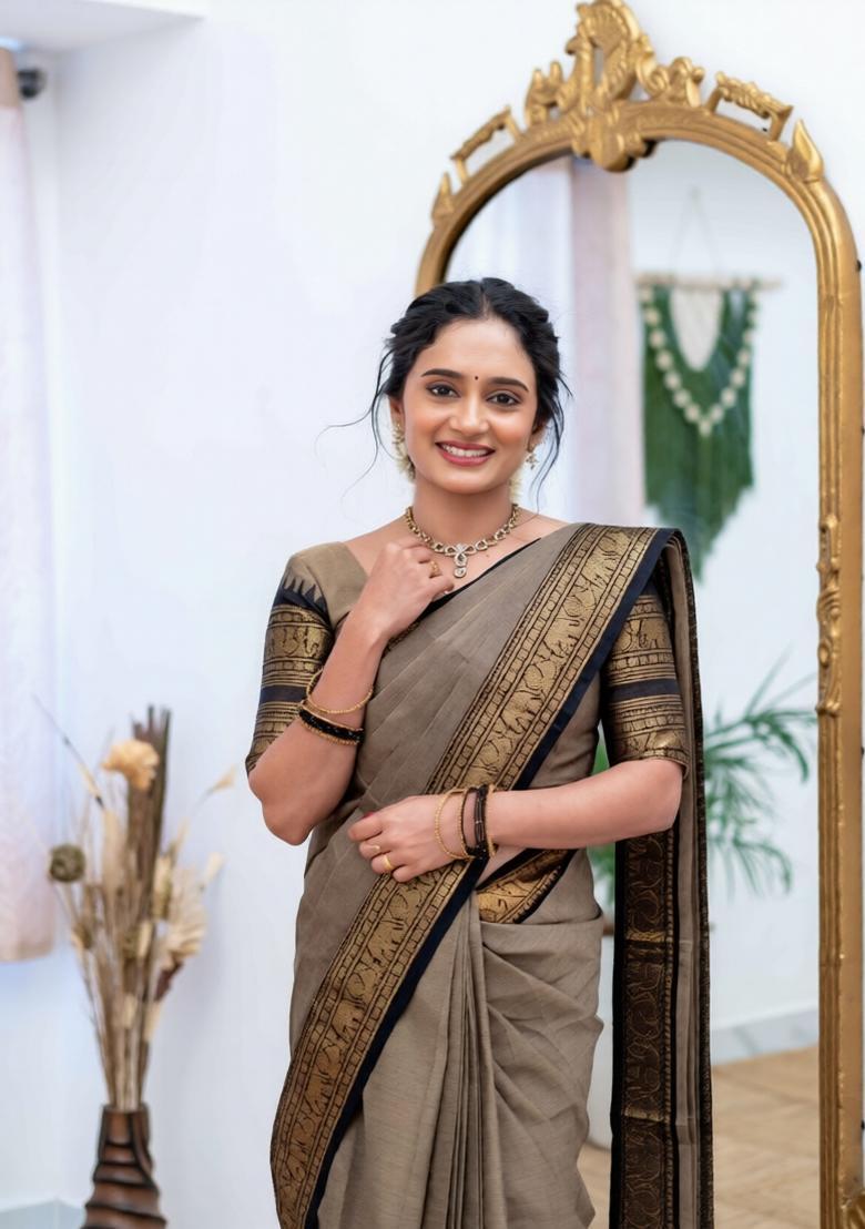 Cream Weaving Work Cotton Saree - Indya