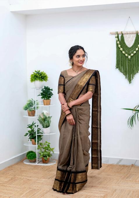 Cream Weaving Work Cotton Saree
