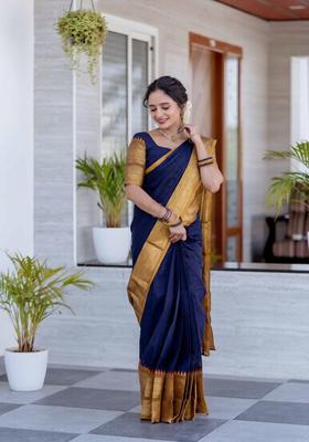 Navy Blue Weaving Work Cotton Saree