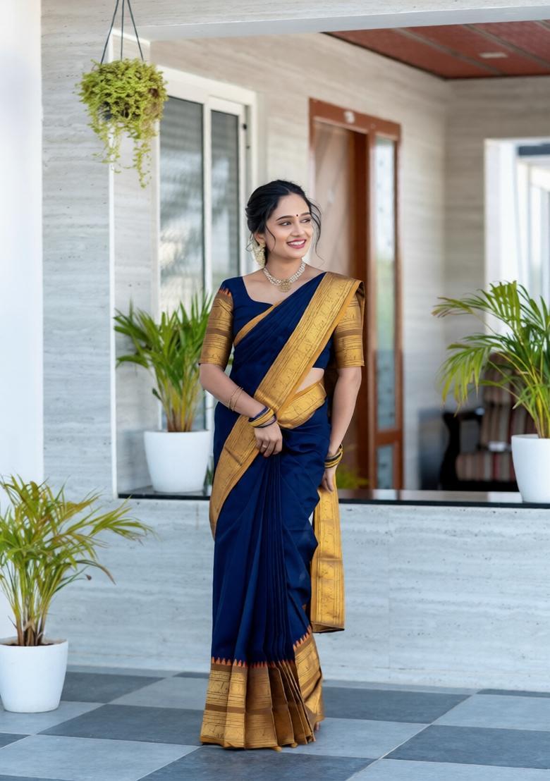 Navy Blue Weaving Work Cotton Saree - Indya