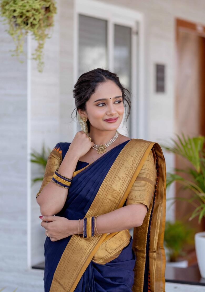 Navy Blue Weaving Work Cotton Saree - Indya