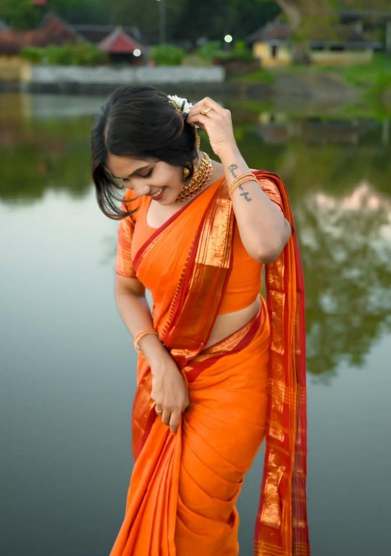 Orange Weaving Work Cotton Saree - Indya