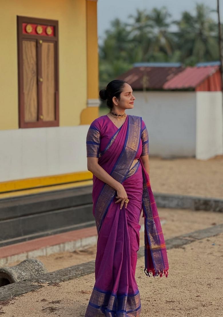 Rani Pink Weaving Work Cotton Saree - Indya