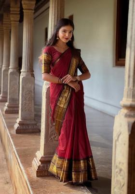 Red Weaving Work Cotton Saree