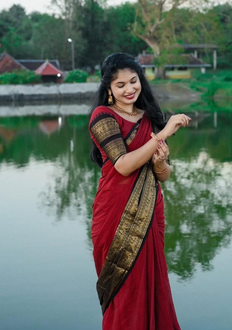 Red Weaving Work Cotton Saree - Indya