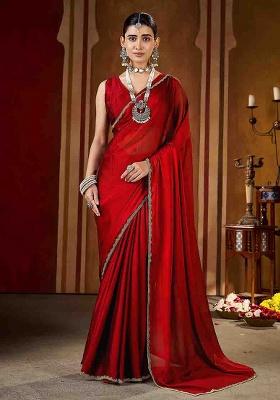 Maroon Solid Silk Saree Set