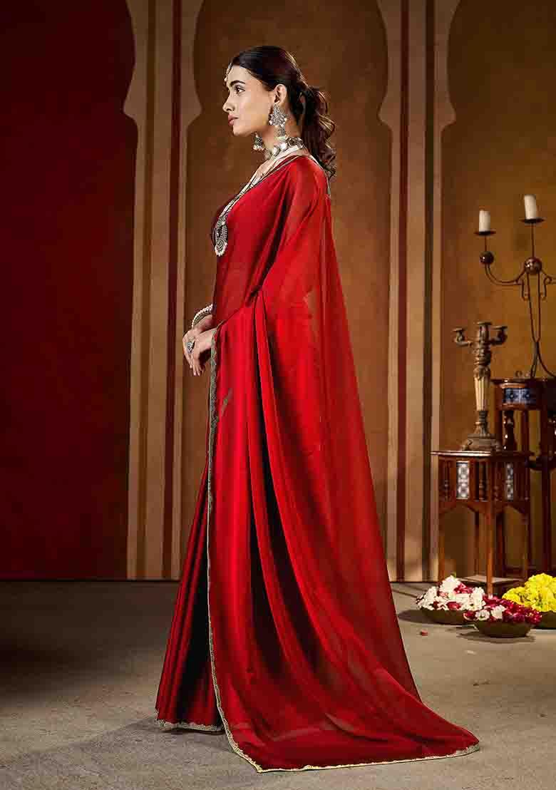 Maroon Solid Silk Saree Set - Indya