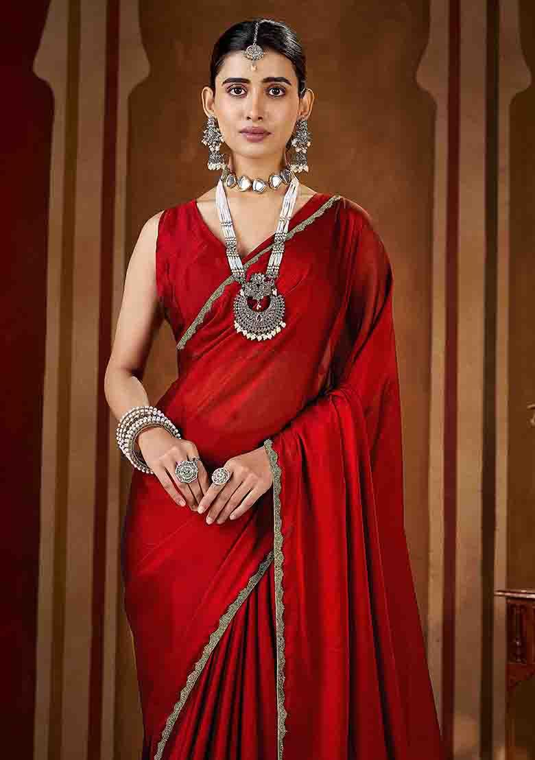 Maroon Solid Silk Saree Set - Indya