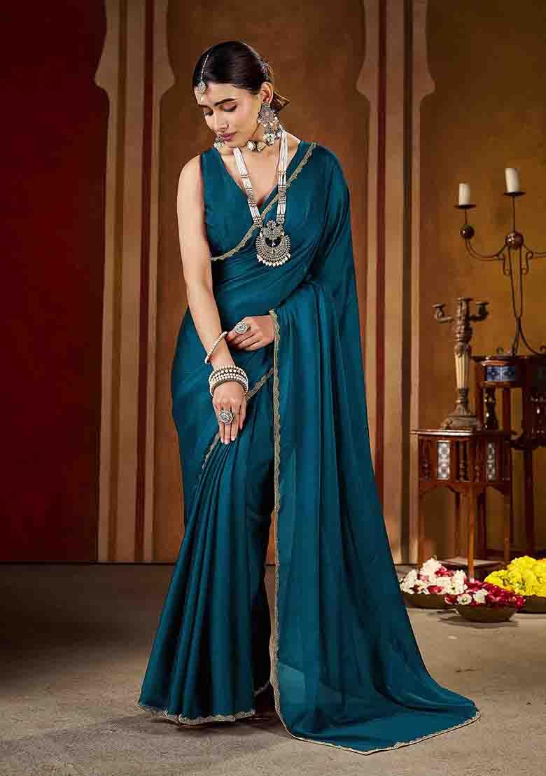 Green Solid Silk Saree Set - Indya