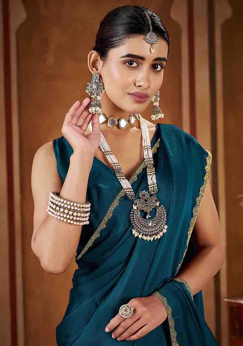 Green Solid Silk Saree Set - Indya