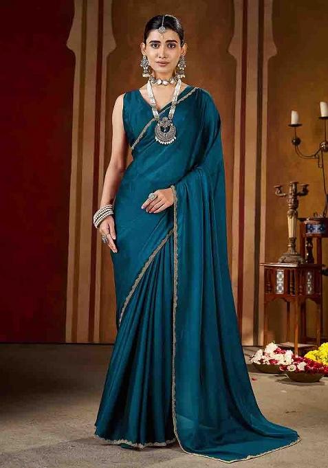 Green Solid Silk Saree Set