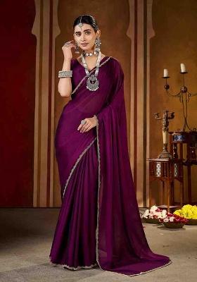 Violet Solid Silk Saree Set