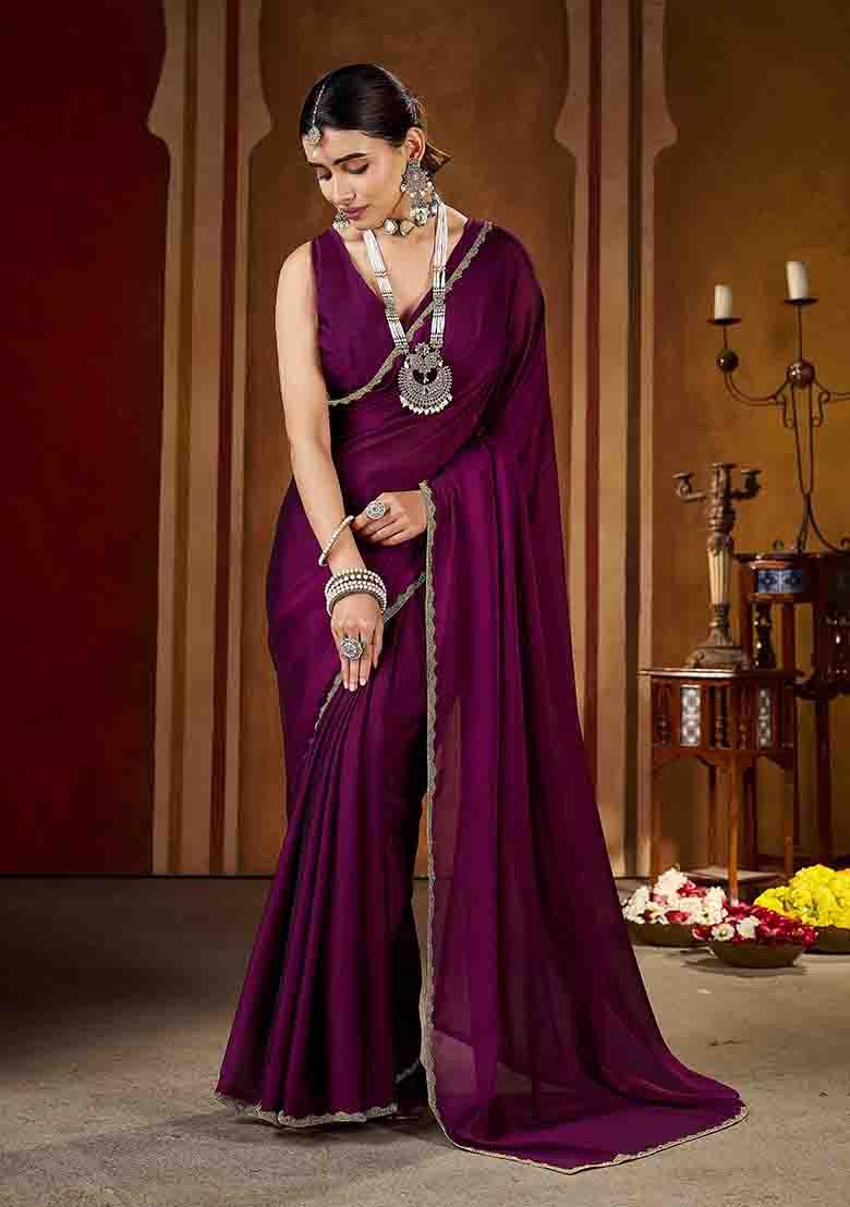 Violet Solid Silk Saree Set - Indya