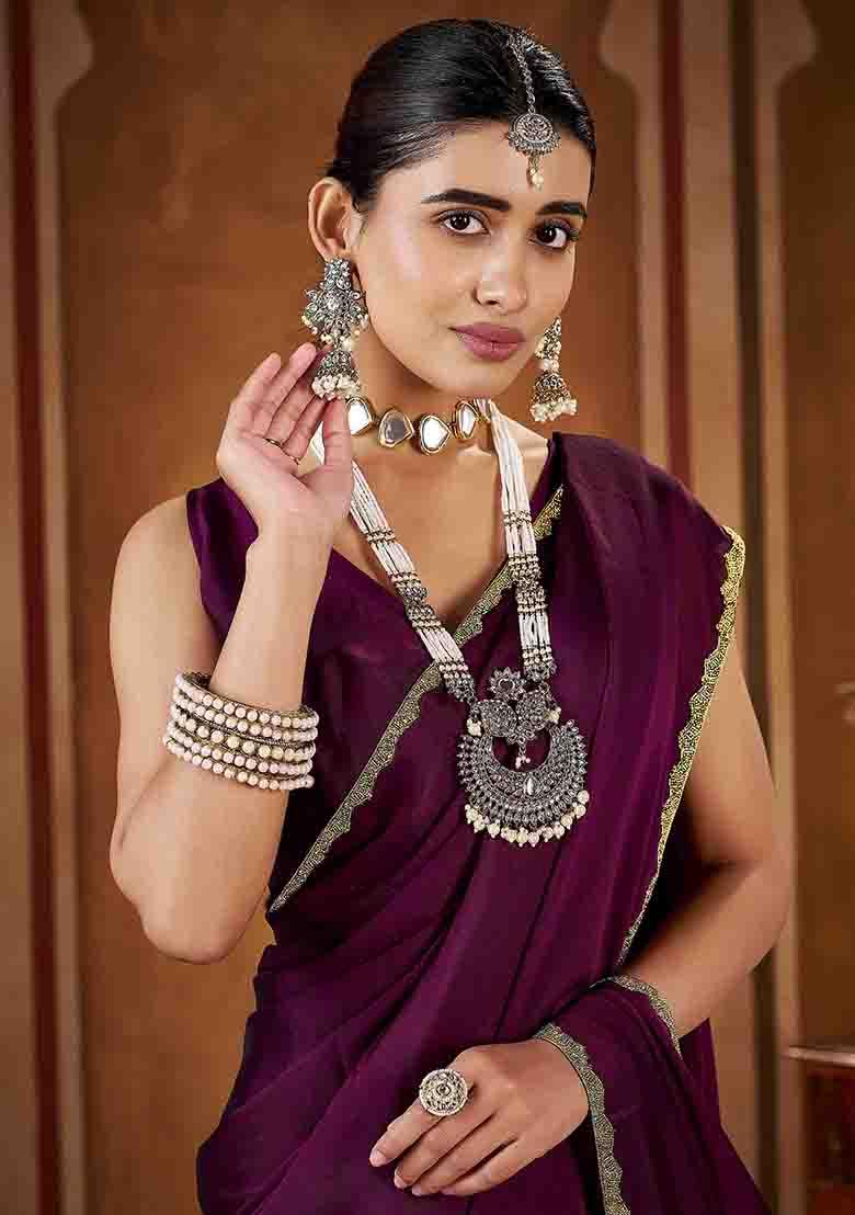 Violet Solid Silk Saree Set - Indya