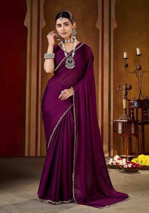 Violet Solid Silk Saree Set