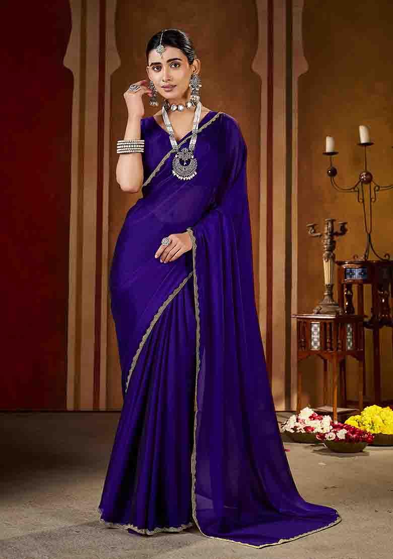 Violet Solid Silk Saree Set - Indya