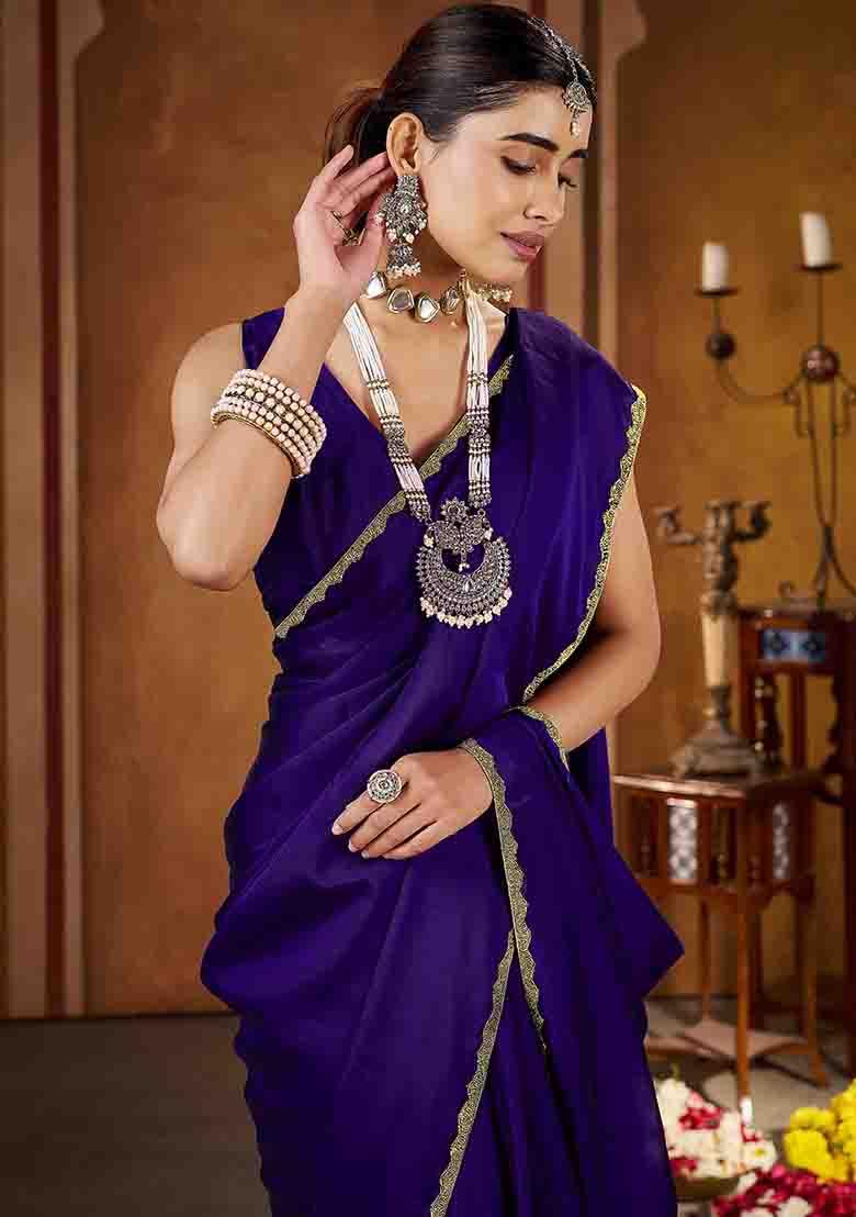Violet Solid Silk Saree Set - Indya