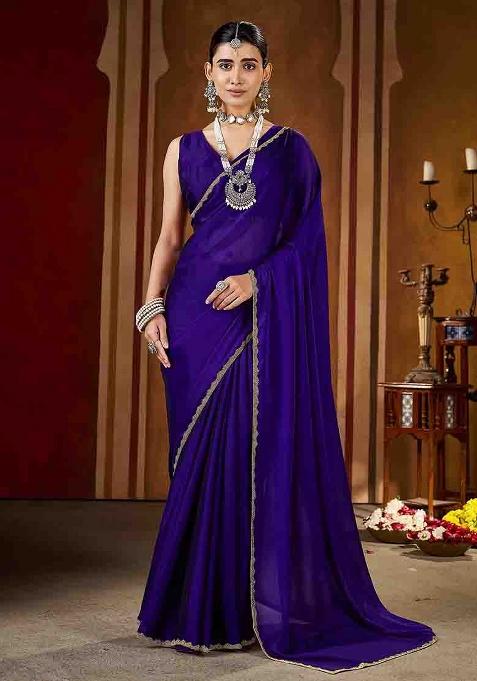 Violet Solid Silk Saree Set