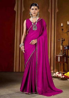 Pink Solid Silk Saree Set