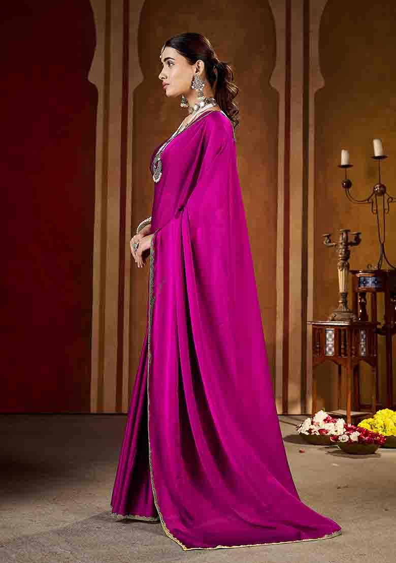 Pink Solid Silk Saree Set - Indya