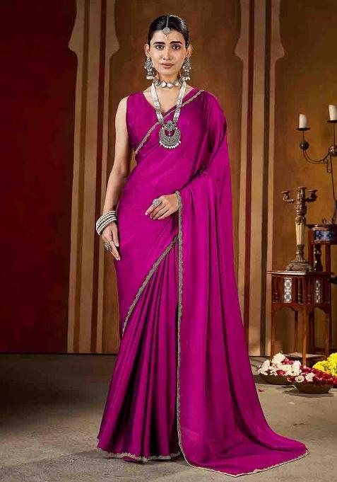 Pink Solid Silk Saree Set