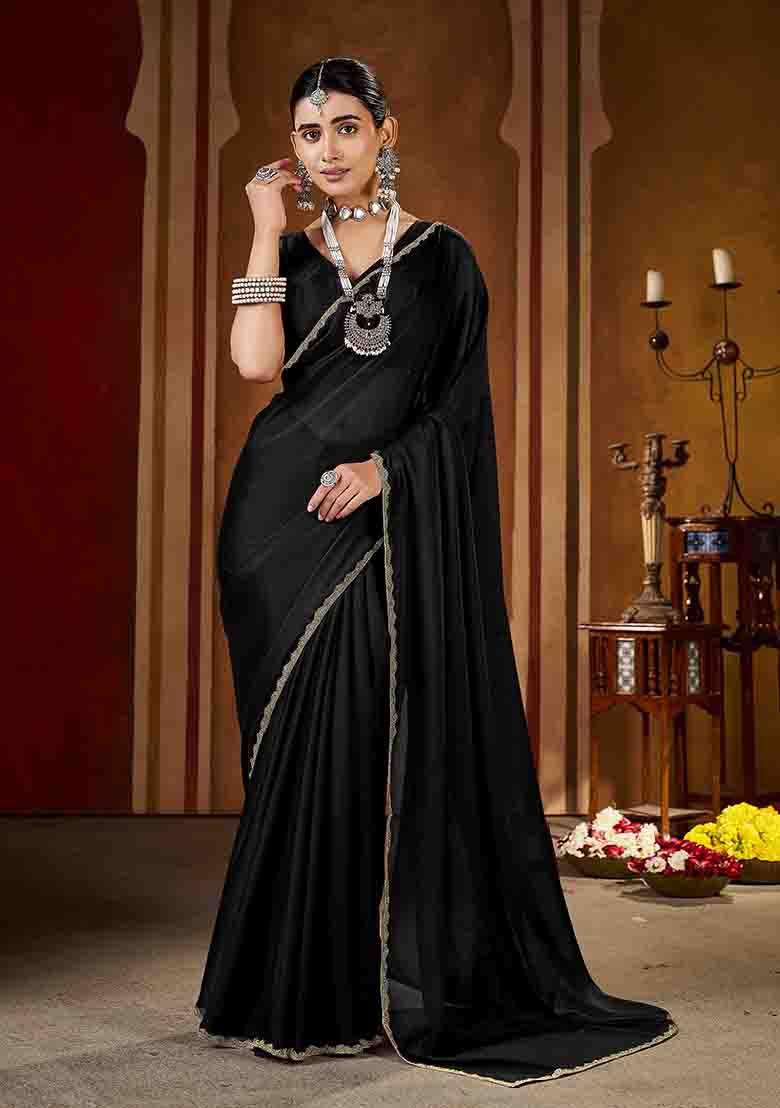 Black Solid Silk Saree Set - Indya