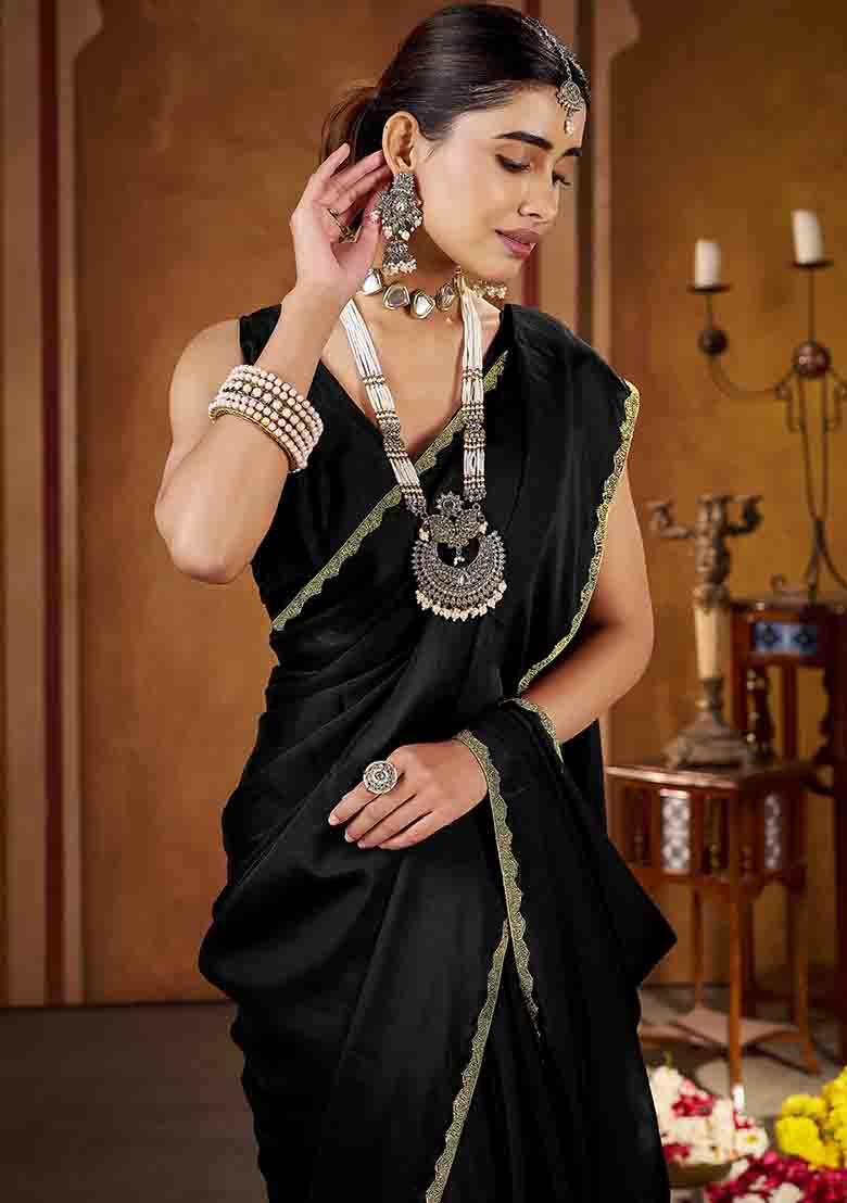 Black Solid Silk Saree Set - Indya