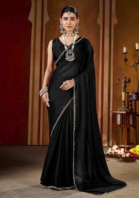 Black Solid Silk Saree Set