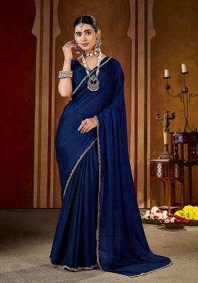 Navy Blue Solid Silk Saree Set