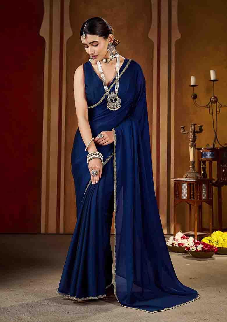 Navy Blue Solid Silk Saree Set - Indya