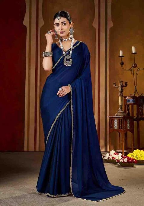 Navy Blue Solid Silk Saree Set