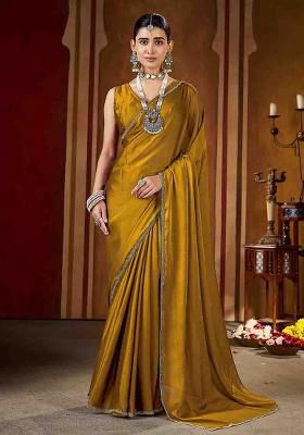 Gold Solid Silk Saree Set