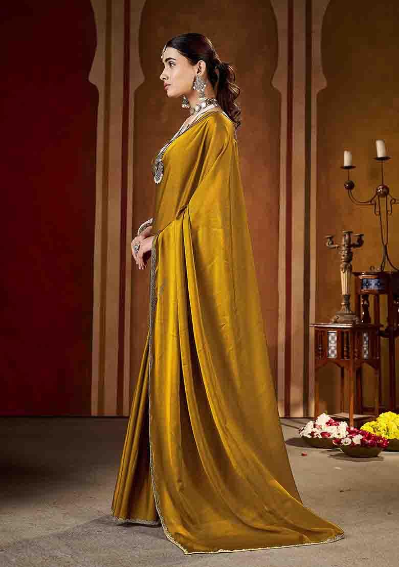 Gold Solid Silk Saree Set - Indya