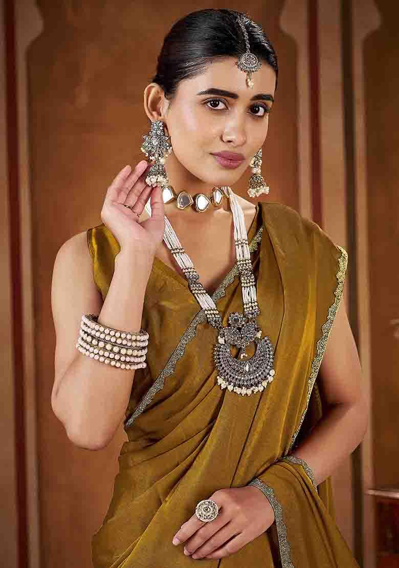 Gold Solid Silk Saree Set - Indya