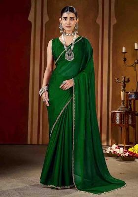 Green Solid Silk Saree Set