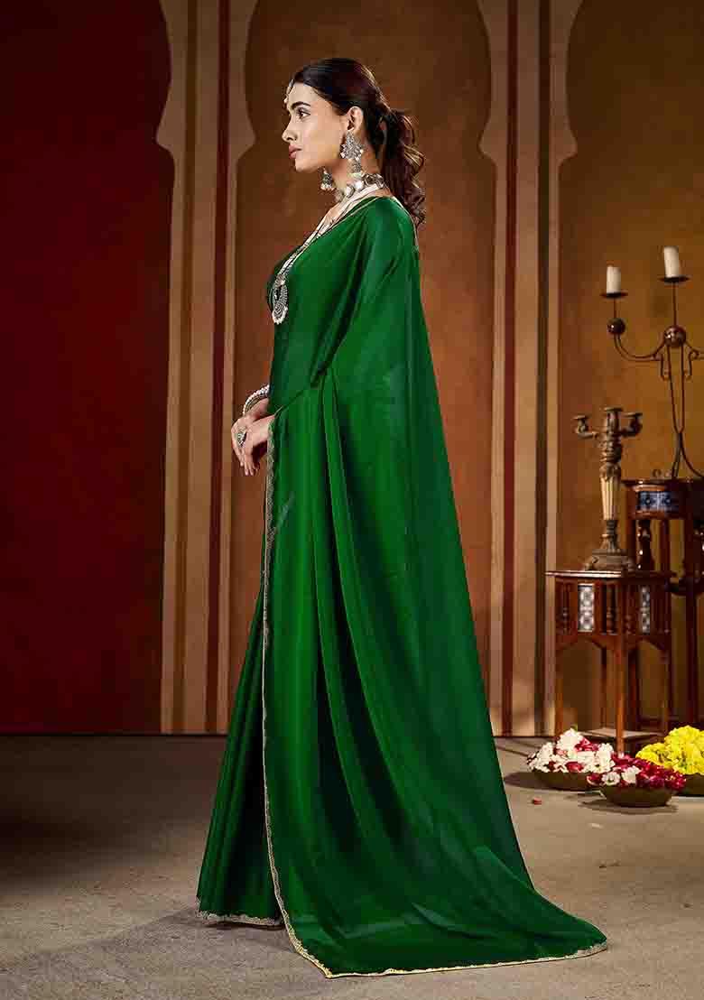 Green Solid Silk Saree Set - Indya