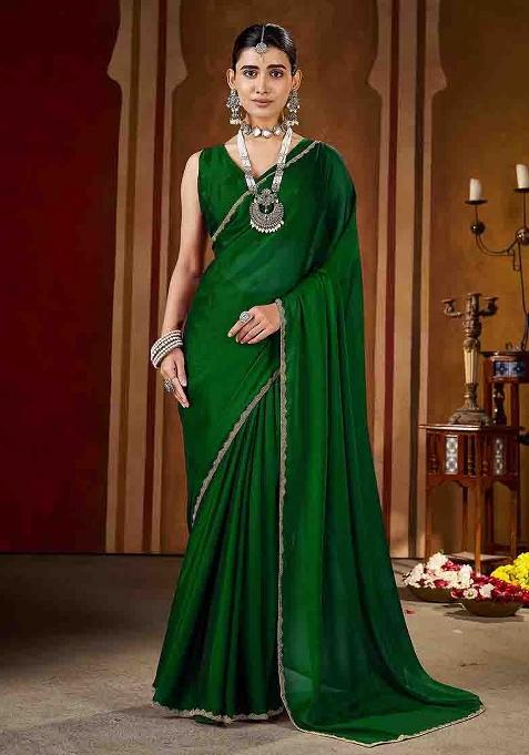 Green Solid Silk Saree Set