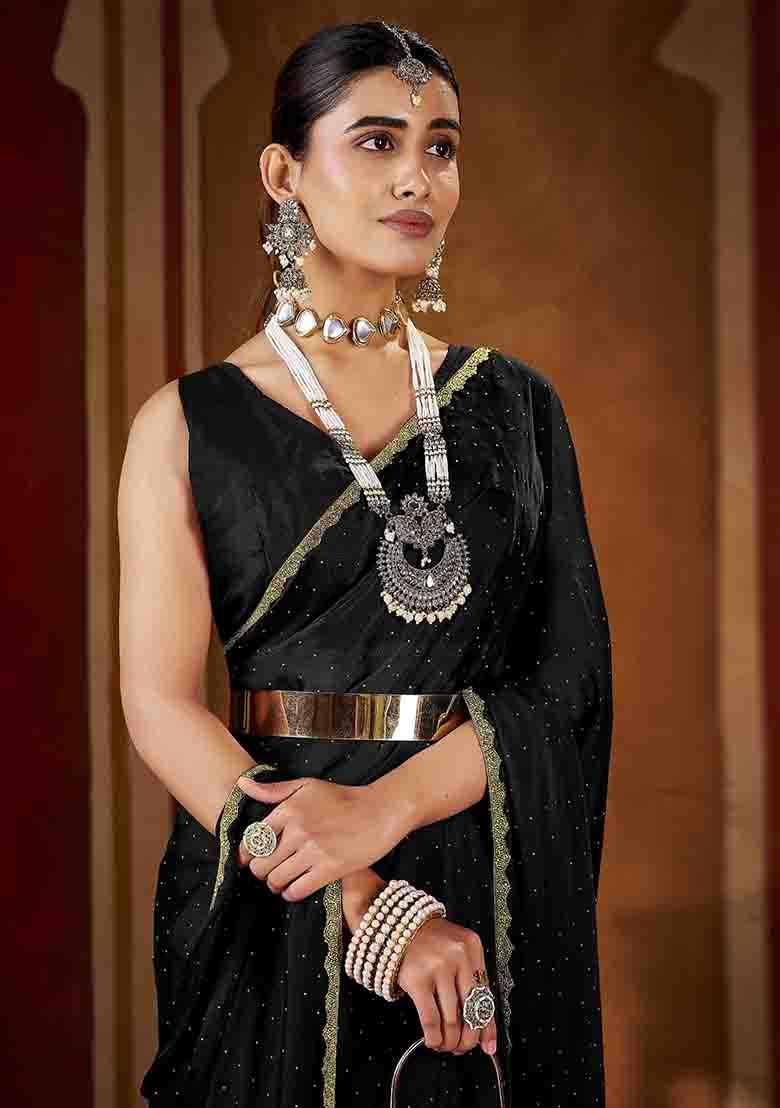 Black Solid Silk Saree Set - Indya