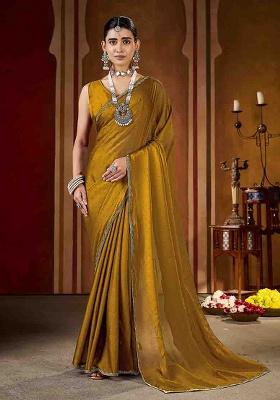 Gold Solid Silk Saree Set