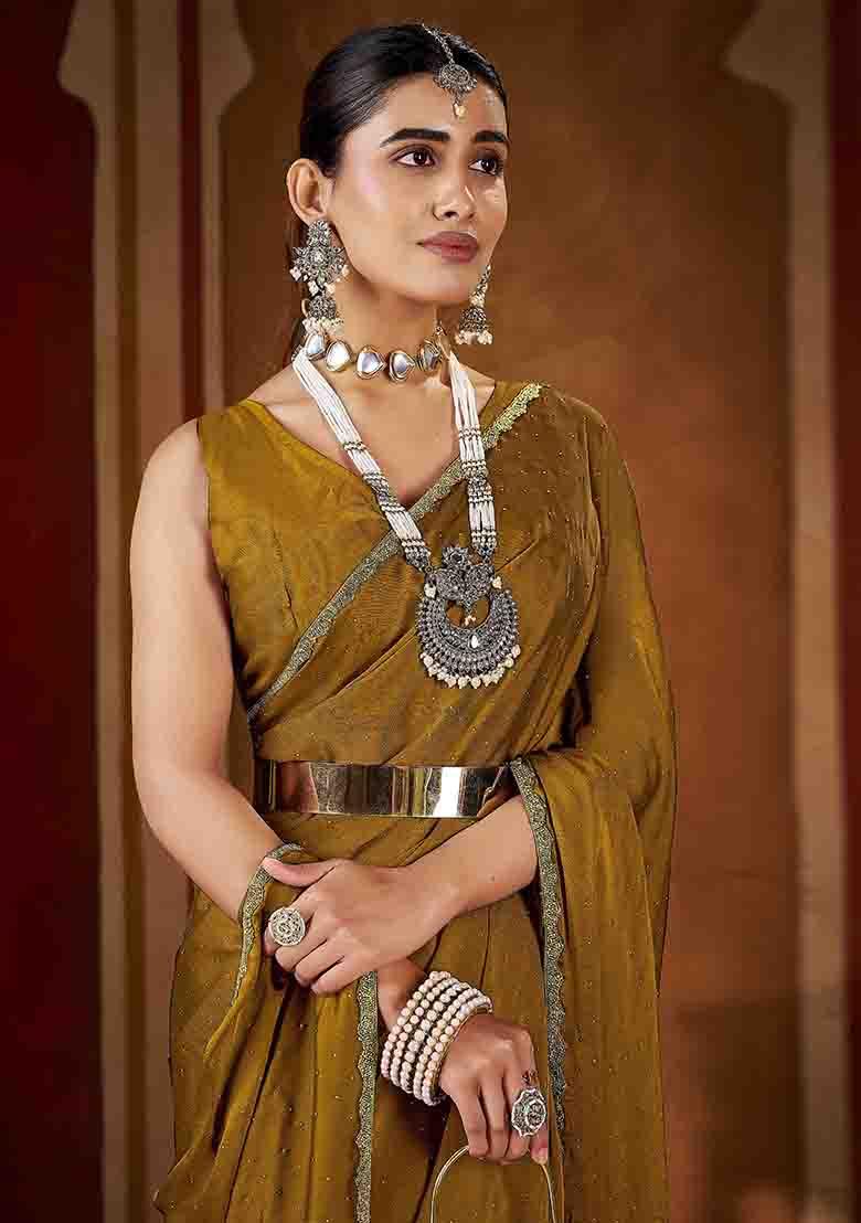 Gold Solid Silk Saree Set - Indya