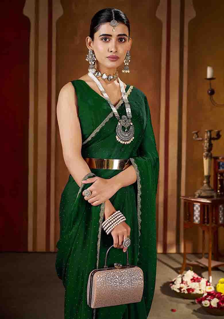 Green Solid Silk Saree Set - Indya