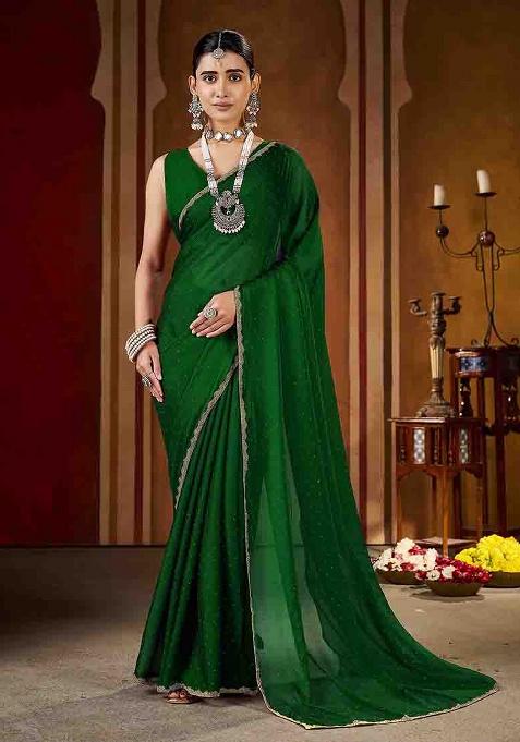 Green Solid Silk Saree Set