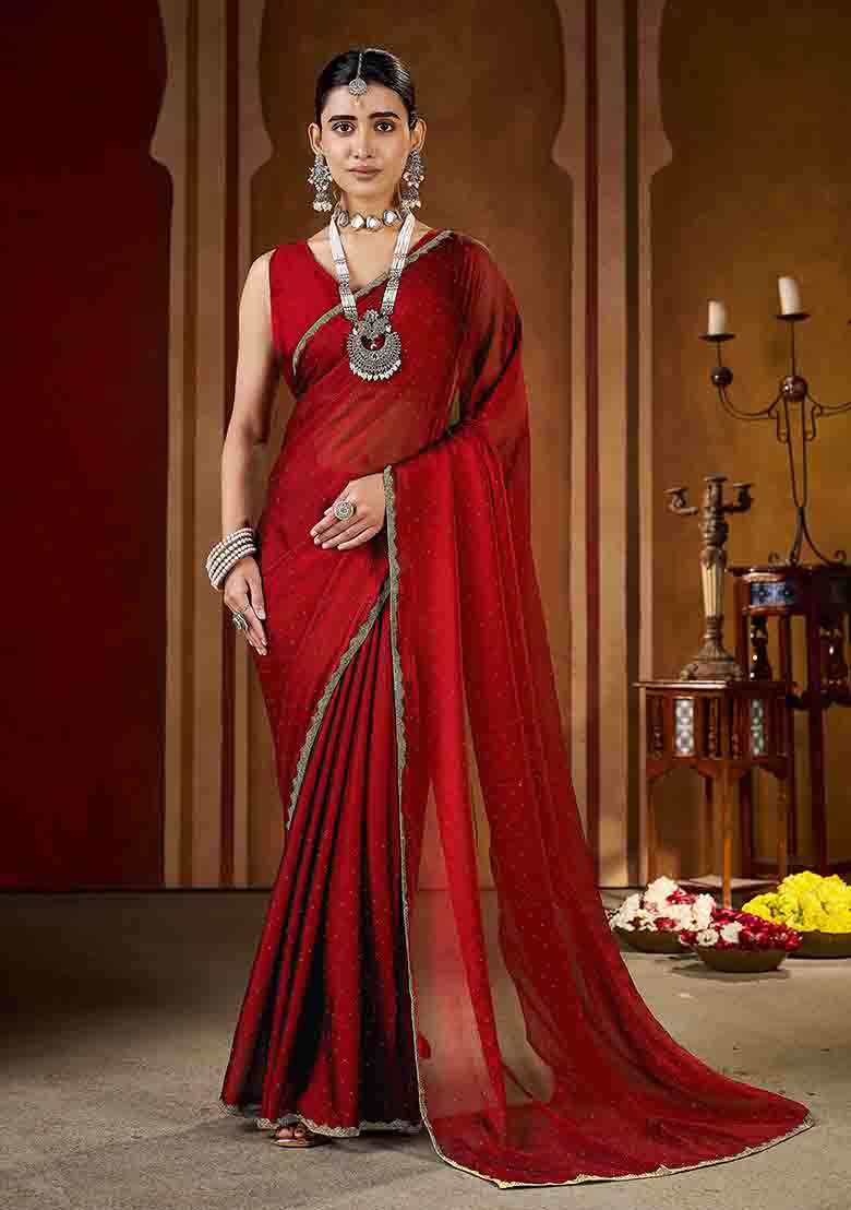 Maroon Solid Silk Saree Set - Indya