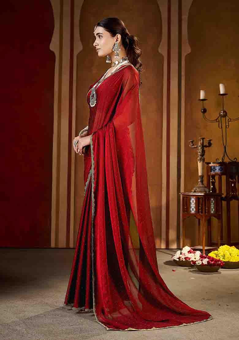 Maroon Solid Silk Saree Set - Indya