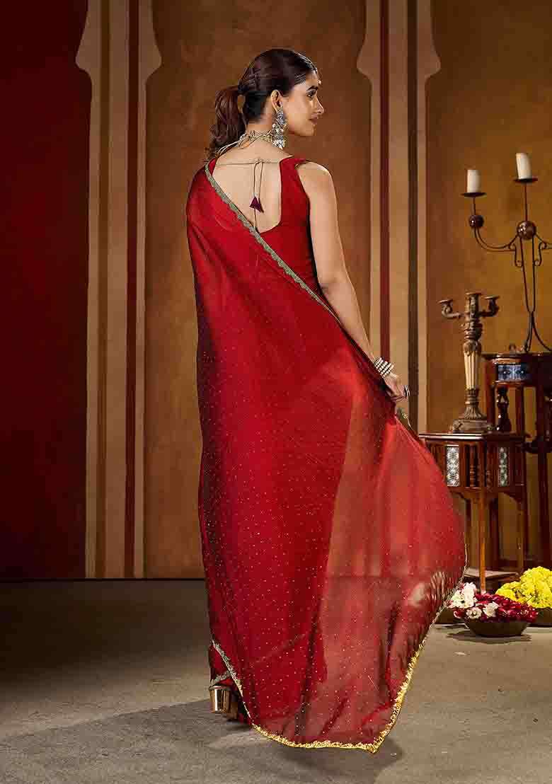 Maroon Solid Silk Saree Set - Indya
