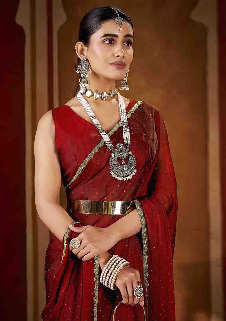 Maroon Solid Silk Saree Set - Indya