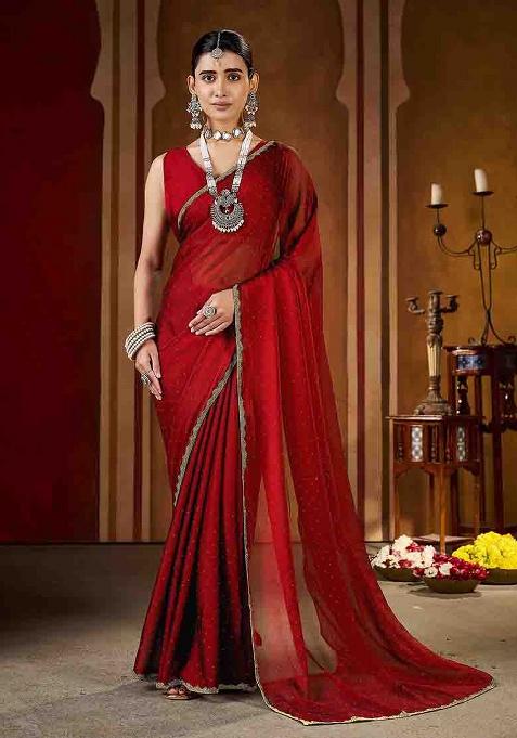 Maroon Solid Silk Saree Set