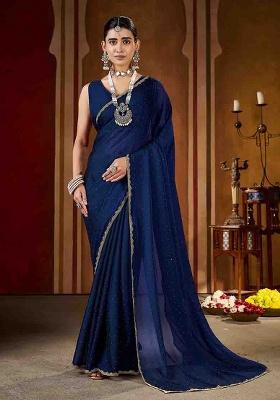 Navy Blue Solid Silk Saree Set
