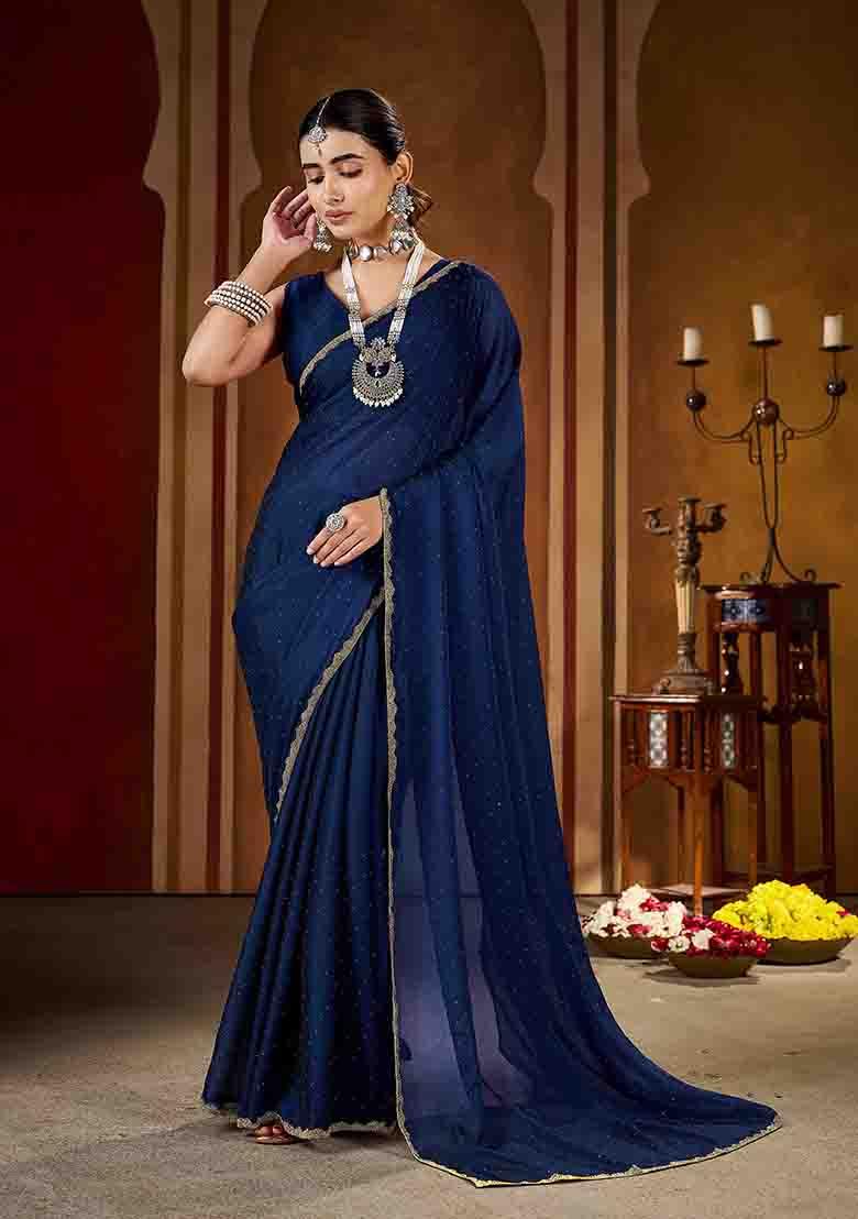 Navy Blue Solid Silk Saree Set - Indya